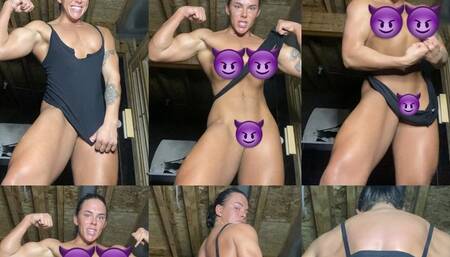 Nude Shirt Ripping, Grunting, Aggressive Female Bodybuilder Muscular Woman Flexing Sweaty