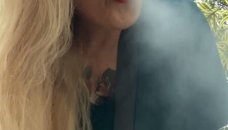 Marlboro reds - Smoking in the rain - Deep Inhales, Triple pumps - Coughing - Crush - Long hair, Red lipstick, Long red nails, Genuine leather sneakers