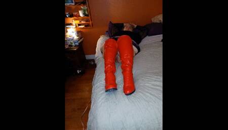 modeling My thigh high red boots with pussy shots