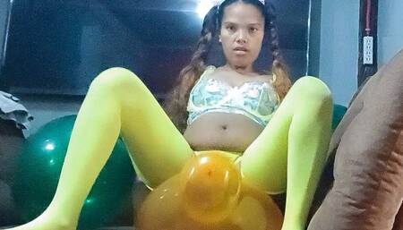 Sexy Juju Sensually Sits To Pop 14 Inch Belbal Crystal Balloons In Green Lingerie