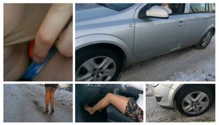 FIRST SNOW CRAZY SPINNING WHEELS ON ICY HILL WITH VIBRATOR IN PUSSY PREMIERE