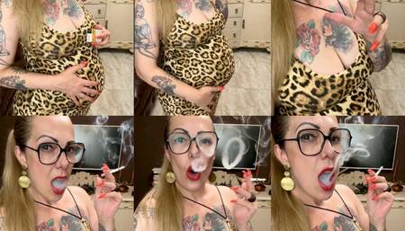 Winston 100s - Mature and pregnant smoker, in her beautiful long dress, showing all her love for nicotine - Deep Inhales, Mouth Inhales and open mouth exhales, Triple pumps, Smoke rings, Crush, Coughing