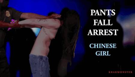 PANTS FALL ARREST : ASIAN SPA RAID : long haired Chinese woman arrested TOPLESS as pants fall down eXposing hairy bush , butt crack & pierced nipples outdoors in rain + TV NEWS REPORT footage 4K HD mp4