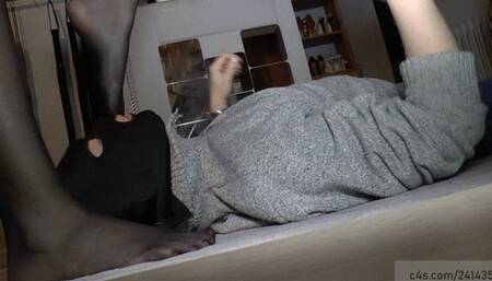 Femdom nylon feet worship, her feet on face, kissing feet and legs
