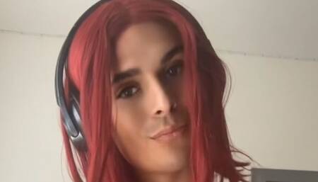 Femboy Crossdresser Posing with His Big Cock