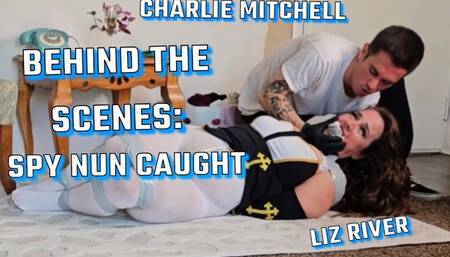 Behind the Scenes: Spy Dressed as Nun Liz River Caught by Charlie Mitchell, Duct Tape Bound, White Tights, Nun Costume, Struggling, Tape Bondage, Mouth Stuffed, Costume, Uniform, Second Angle, 2nd View