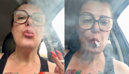 Newport - Smoking in the car - Deep Inhales, Mouth Inhales and open mouth exhales, Long red nails, long hair, no makeup