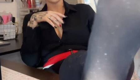 Teasing my dearest boss at the office with my Feets