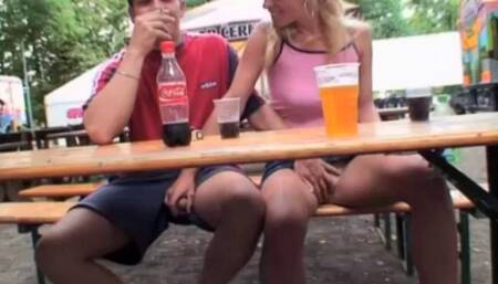 Pantyless Michelle and horny John in public