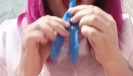 blowing blue mouse ballon,deflate,blowing