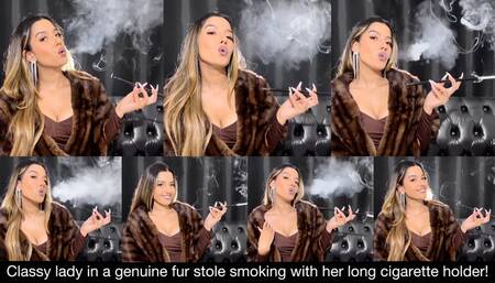 Classy lady smoking with her long cigarette holder wearing a genuine fur stole!