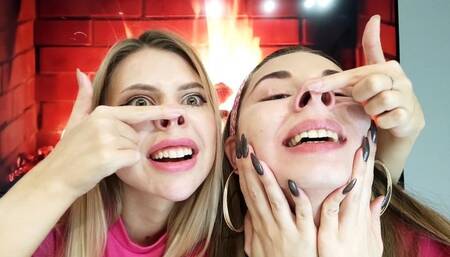 Nastya and Lucy make faces and show pig noses