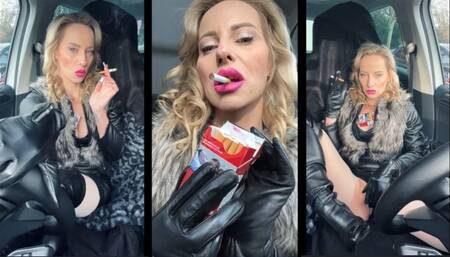 Chain smoking in car in leather