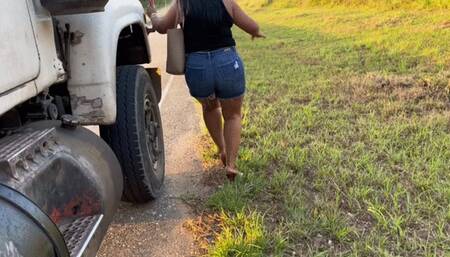 Balbina on Kiara heels cold starting and revving the huge Mack Truck