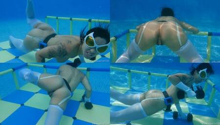 Elena's Nude Cosplay, Stockings and Garters, Butt Kicking, Breath Holding Real Time Underwater Workout