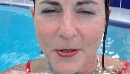 No mask pool time in red polka dots—so close to me!