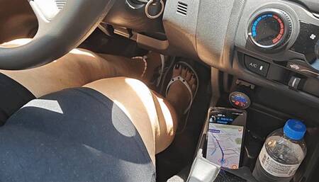 Juliette_RJ driving Dolce Amaran to the market FOR MOBILE DEVICES USERS - VOYEURISM - MATCHIG FLIP FLOPS - REAL PEDAL PUMPING - HANDS - DOLCE AMARAN - REVVING - BLACK AND RED PEDICURE - LONG TOENAILS - DRIVER AND PASSENGER - STREET VIEW - OUTDOORS