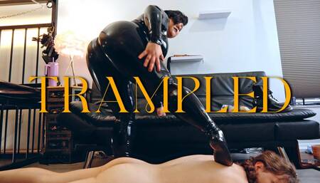 Trampled: slave stepped on and kicked around by mistress in full latex catsuit and latex socks