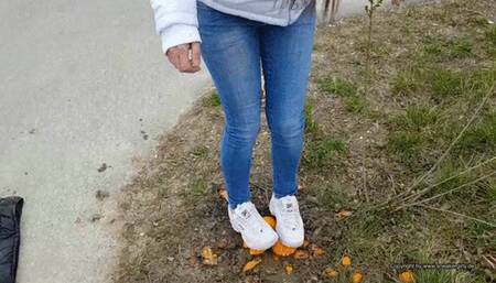 she runs with her dirty Flia over a black Jacket