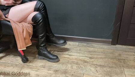 Over the knee boots soles licking, groin stomping and trampling