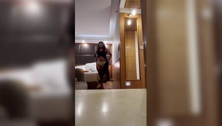 Jessica Trying on Sexy Black Slit Dress