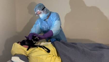 Masked and Gloved Stepdaughter Assists Father with Respirator Filter