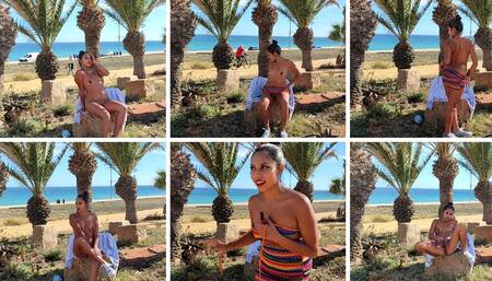 Latina, Naked Slut in Front of the Beach, Playing with My Pussy