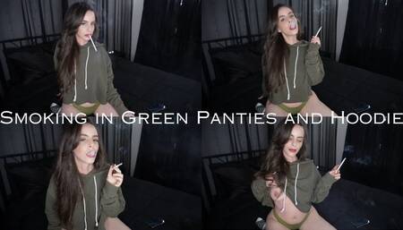 Smoking in Green Panties and Hoodie