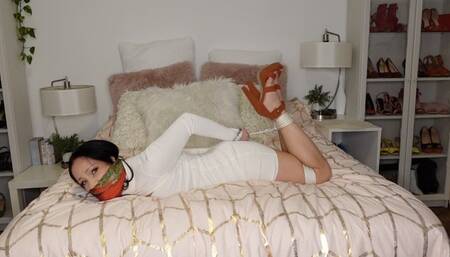 Struggling in a Hogtie While Gagged w Silky Scarf