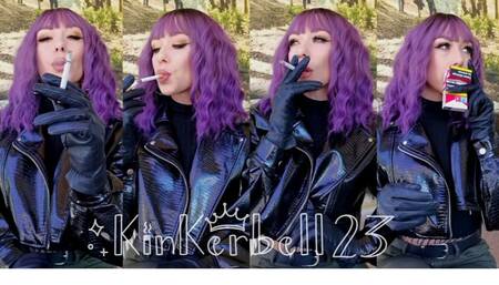 Chain-smoking outdoors wearing PVC & Leather