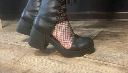 Stale bread crushing with My heeled sandals, spitting on it and making My slave eat it from the floor