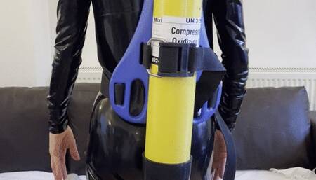 latex catsuit scuba tease with double hose and fins