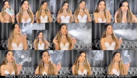 Misty 120s, shiny white corset, long white nails, white hoops, seductive smoking and sexy talking!
