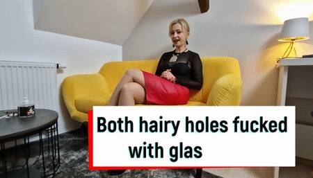 Both hairy holes fucked with glass dildo - part 1