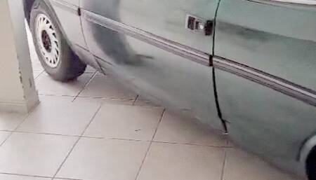 Amanda cranking the Opala to move it out of driveway