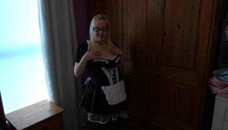 French Maid in holdup stockings playing with pussy