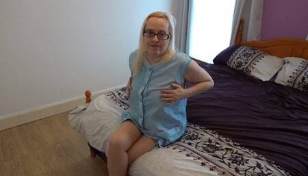 Playing with Pussy in Tan holdups and light Blue Apron