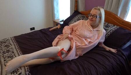 Fucking 11 inch Dildo in white stockings and Pink Apron