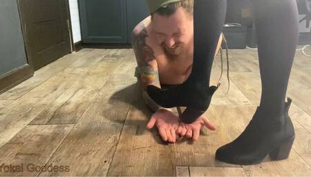 Sadistic hands trampling in suede ankle boots with back stomping & kicking and licking spits from the floor