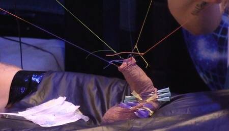 stretch this cock with piercings colored fishing line and fishing hooks around the glans