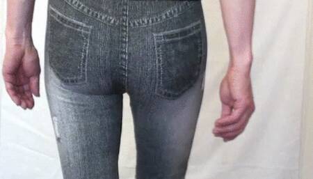 Asian CD in stiletto high heels stripping denim showing bottomless