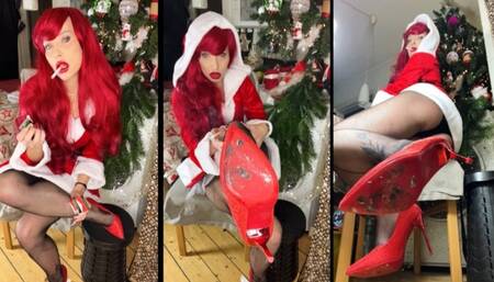 Red head Santa chain smoke in high heels