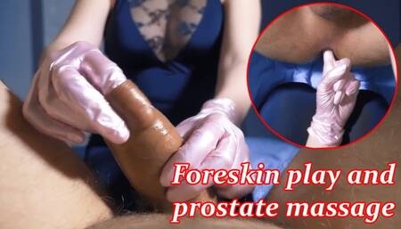 Playing with the foreskin and simultaneous prostate massage with pink gloves