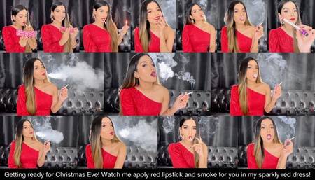 Getting ready for Christmas Eve! Watch me apply red lipstick and smoke for you in my sparkly red dress!