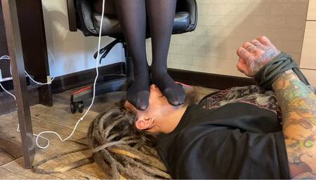 Face as a footstool under My sexy stocked feet with My dirty socks in slave's mouth