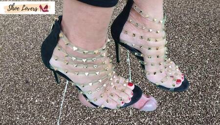 Lady S is surprised: she found a cock sticking out of the street- trampling, shoejob with transparent studded sandals, special effects