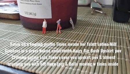 Eaten on a English muffin Tinies invade her toast Latina Milf Giantess in a dress Naked underneath Hairy Big Bush Upskirt pov Crunchy eating Lola towers over you upskirt pov & almost crushing you with her huge feet & Belly moving w tinies inside avi