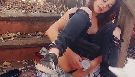 Petite Brunette Gets Horny Outside on a Deck