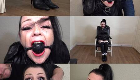 Evil emma leather bound mistress, ball gagged and otm gag (mp4)