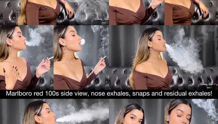 Marlboro red 100s, nose exhales, dangling, side view, residual smoke and snaps